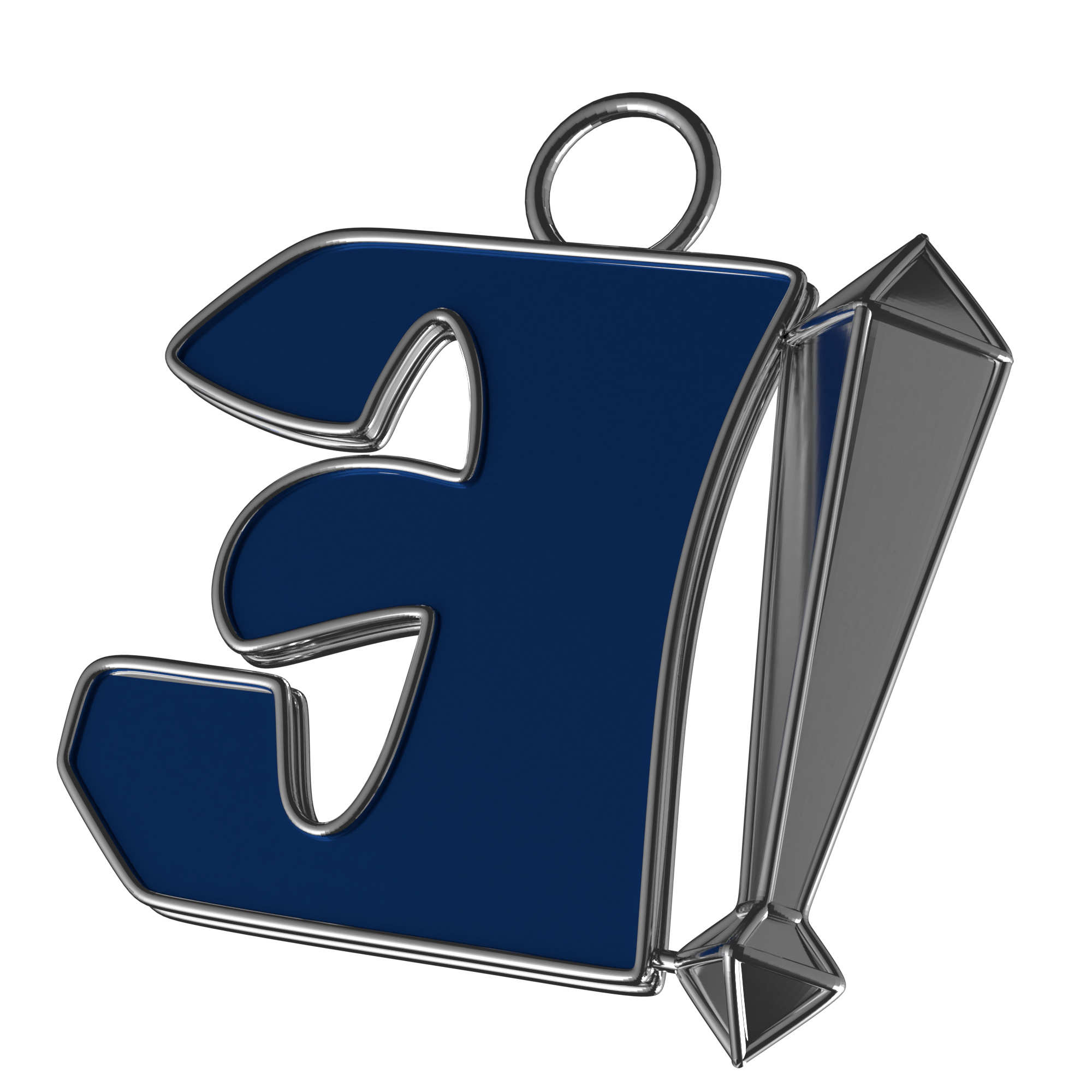 Immagine in alto a destra del portachiavi Singolar Key. Il portachiavi rappresenta una E al contrario smaltata di blu con un punto esclamativo affianco placcato d'argento.